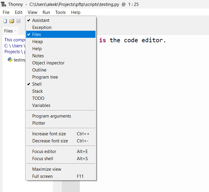 Files menu in the Thonny code editor