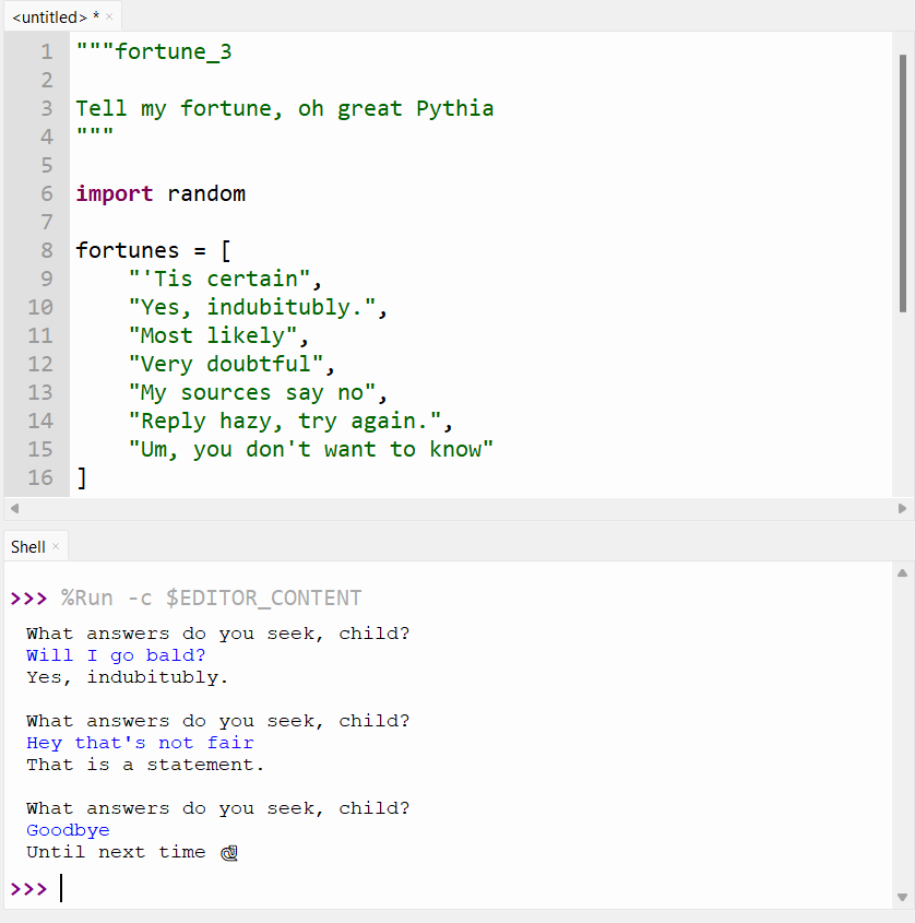 Example usage of fortune_3.py script in Thonny