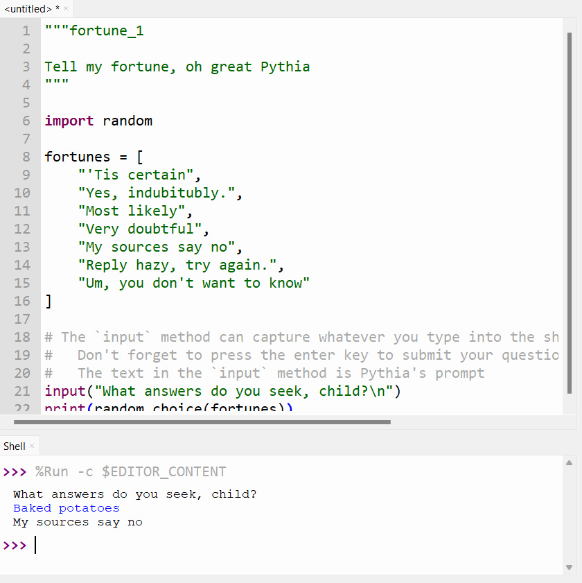 Example usage of fortune_2.py script in Thonny